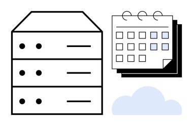 Sunucu yığını, bulut grafikleri ve takvim veri yönetimini, bulut depolamayı, zamanlamayı ve organizasyonu sembolize eder. IT, planlama, üretkenlik iş akışı veri analizi teknolojisi için ideal
