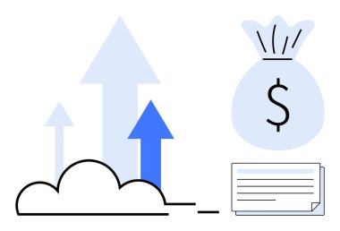 İlerlemeyi sembolize eden, para çantası ve belgelerle eşleştirilmiş bir buluttan oklar yükseliyor. Finans, büyüme, bulut hesaplama, yatırım, iş stratejisi, ekonomi başarısı için idealdir. Basit düz metafor