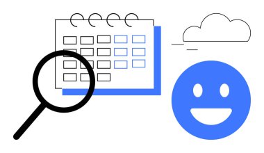 Büyüteç inceleme takvimi, mavi gülen yüz ve bulut çizgisi. Planlama, planlama, üretkenlik, organizasyon, zaman yönetimi, hedef belirleme için ideal