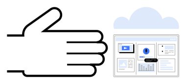 Bulutlu bir gösterge paneline el ile işaret ederek grafikler, grafikler ve veri görsellerini gösteriyor. İşbirliği için ideal, veri depolama, bulut hesaplama, analitik, erişilebilirlik, teknoloji basit düz metafor