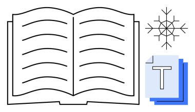 Satır araları, kar tanesi simgesi ve bilgi, okuma, yaratıcılık, eğitim, kış temaları, dökümantasyon ve öğrenmeyi sembolize eden metin dosyaları içeren açık bir kitap. Eğitim yaratıcılığı için ideal