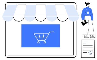Perdenin altında alışveriş arabası, panosu ve belgesi olan profesyonel bir kadın. E-ticaret, perakende yönetimi, çevrimiçi iş, girişimcilik, satış büyümesi, piyasa stratejisi için ideal
