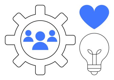 Takım ikonu, mavi kalp ve takım çalışmasını, yeniliği ve tutkuyu temsil eden ampullü vites. Yaratıcılık, işbirliği, iş stratejisi, takım çalışması için ideal problem çözme basit