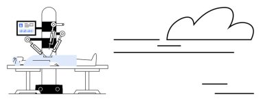 Robot son teknoloji kullanarak hastayı ameliyat ediyor, bulut yeniliği ve veriyi sembolize ediyor. Sağlık, teknoloji, yapay zeka, robot bilimi, yenilik, tıbbın geleceği için ideal. Basit düz