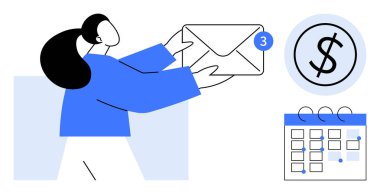 Bir bildirim, takvim ve dolarla ilgili ikon içeren bir zarf tutan kişi işbirliği, mali yönetim, dijital iletişim, organizasyon, üretkenlik, hatırlatıcılar