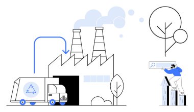 Gaz yayan bacalı fabrikalar, yakınlarda geri dönüşüm kamyonu, ekolojik dengeyi sembolize eden ağaçlar ve büyüme okları ile ilgili verileri analiz eden bir kişi. Sürdürülebilirlik, geri dönüşüm ve kirlilik için ideal