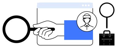 Tarayıcı ekranında el ele tutuşan büyüteç, aday simgesi ve evrak çantası. İşe alım, iş arama, kariyer planlaması, İK yönetimi, yetenek edinme, iş gücü
