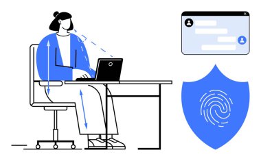Masada dizüstü bilgisayar kullanan bir kadın. Yanında parmak izi kalkanı ve sohbet penceresi var. Siber güvenlik, teknoloji güvenliği, mahremiyet, veri koruması, iletişim, çevrimiçi güvenlik ve basit iniş sayfası için ideal