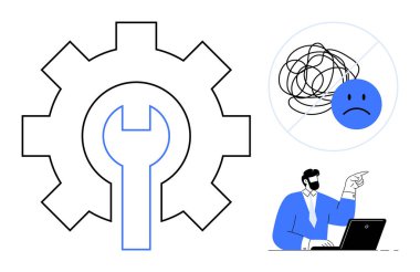 Vites kolu ve ingiliz anahtarı, sorunların düzeltilmesini temsil ediyor. Negatifliği çözen adamın çizdiği girdapla birlikte hüzünlü yüz, rehberliği işaret ediyor. Üretkenlik, problem çözme ve yönetim için ideal