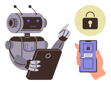 Robot tableti tutuyor, akıllı telefonu kilit arayüzü ile işaret ediyor, siber güvenlik ve yapay zeka etkileşimini simgeliyor. Teknoloji için ideal, yenilik, yapay zeka, siber güvenlik, IOT, dijital