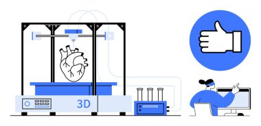 Bir bilim adamı bilgisayardaki ilerlemeyi gözlemlerken 3D yazıcı bir insan kalbi modeli hazırlıyor. Sağlık, yenilik, teknoloji, araştırma, tıbbi ilerleme, gelecek tasarım, basit iniş için ideal