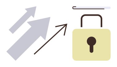 İlerleme, güvenlik ve büyüme temalarını vurgulayan asma kilit ve anahtar tema yanında yukarı doğru oklar. Ticari büyüme, veri koruması, yenilik, başarı, güven geliştirme stratejisi için idealdir. Basit.