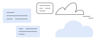 Mesaj baloncuklu soyut bulut, iletişim ve veri paylaşımını temsil ediyor. İşbirliği, ağ oluşturma, bulut depolama, çevrimiçi mesajlaşma, takım üretkenliği, dijital hizmetler, basit