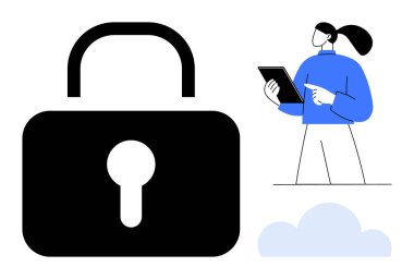 Siber güvenliği sembolize eden büyük bir asma kilit tablet üzerinde analiz yapan kişi, bulut elementi. Teknoloji, güvenlik, bulut depolama, veri koruması, mahremiyet, basit iniş sayfası için ideal