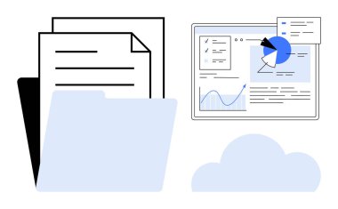 Belgeler ve klasörler bir bulut simgesinin yanında, grafikleri ve grafikleri olan etkileşimli gösterge paneli. Bulut depolama, belge yönetimi, analitik, organizasyon, teknoloji, üretkenlik için ideal, basit
