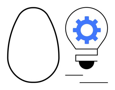 İçinde mavi vites bulunan bir ampulle eşleştirilmiş bir yumurta tasarımı. Yenilik, yaratıcılık, büyüme, potansiyel, dönüşüm, icat ve gelişimi temsil eder. Çerçeve girişimleri için ideal