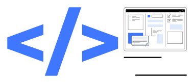 Bloklar ve metin ile bir web sayfası yerleşim arayüzünün yanında mavi kod parantezleri. Programlama, kodlama, web tasarımı, kullanıcı arayüzü, teknoloji eğitimi, yazılım geliştirme, basit düz metafor