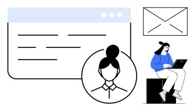 Avatar profilli tarayıcı penceresi, dizüstü bilgisayarda kullanıcı ve e-posta zarfı. Ağ oluşturma, çevrimiçi kimlik, iletişim, e-posta pazarlama, uzaktan kumandalı takım çalışması dijital verimlilik için ideal. Basit düz