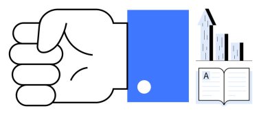 Mavi kollu kapalı yumruk kararlılığı gösterir, büyüme tablosu yukarı doğru yükselir, ve metin ile kitabı açar. Motivasyon, öğrenme, iş, yetkilendirme, büyüme, ilerleme için ideal basit iniş sayfası