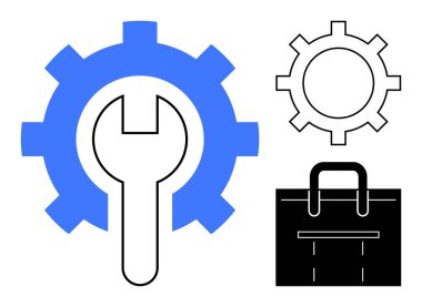 Anahtar, alet çantasının yanına yerleştirilmiş ve basit bir vites ana hatları var. Hizmet, mühendislik, aletler, güncellemeler, mekanik, ekipman, teknoloji için ideal. Basit düz metafor olarak minimal tasarım