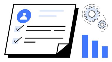 Formda kontrol işaretleri, mekanik dişliler ve bar çizelgesi olan profil detayları. İş akışı, üretkenlik, analitik, görev yönetimi, takım çalışması, veri optimizasyonu temaları için idealdir. Basit düz metafor