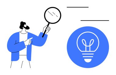 Elinde büyüteç tutan adam ampul sembolünü inceliyor, fikir kavramını gösteriyor. Yaratıcılık, problem çözme, araştırma, yenilik, analiz, tasarım düşünme, basit iniş sayfası için ideal