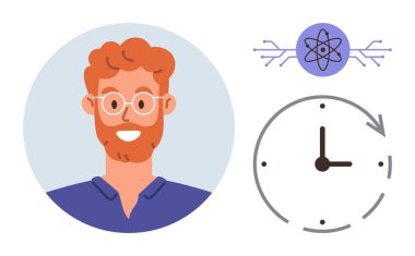 Gözlüklü, atomik yapı ikonu ve saati metaforize eden gülümseyen bir adamın portresi bilim, zaman, öğrenme, teknoloji, üretkenlik, yaratıcılık ve basit bir düz metaforda kişisel gelişim.