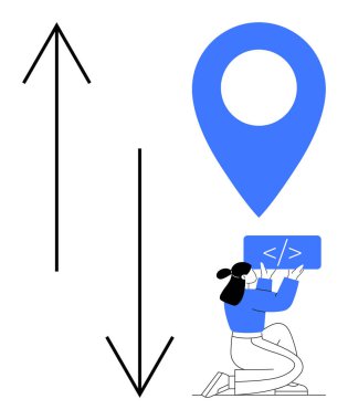 Konum iğnesinin yanında kodlama paneli ve iki zıt yönlü ok var. Geliştirme, navigasyon, iş akışı, seçenekler, büyüme, karar verme, basit iniş sayfası için ideal