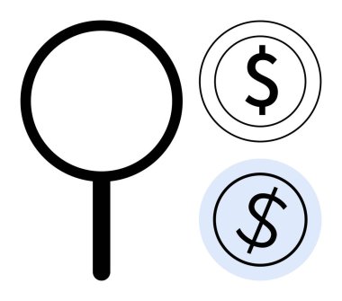 Dolar işaretli paraların yanında büyüteç da finansal analizi ve araştırmayı vurguluyor. Finans, yatırım, iş anlayışı, zenginlik planlaması, verimlilik, tasarruf için ideal, basit düz metafor