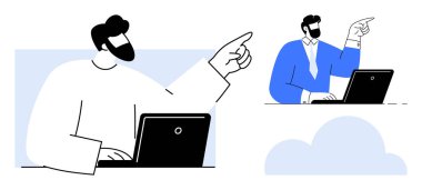 Takım üyeleri dizüstü bilgisayarlarla etkileşime geçip hedefleri işaret ediyorlar. Takım çalışması, liderlik, iletişim, işbirliği, uzak çalışma, beyin fırtınası verimliliği için ideal. Minimalist düz metafor