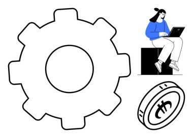 Dişliler süreci sembolize eder. Uzaktan kumandada dizüstü ipuçları üzerinde çalışan kadın. Para şifreli para demektir. Teknoloji, finans, takım çalışması, yenilik, uzak çalışma, ilerleme için ideal basit düz metafor
