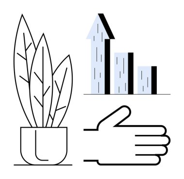 Saksı bitkisi, yukarı doğru oklu bar tablosu ve büyüme, bakım ve gelişmeyi gösteren açık bir el. Sürdürülebilirlik, iş başarısı, çevre dostu, geliştirme takım çalışması desteği için ideal
