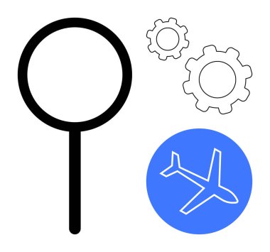 Büyüteç, iki vites, ve uçak ikonu arama, optimizasyon, seyahat ve yenilik. Araştırma, lojistik, seyahat mühendisliği verimliliği, basit iniş sorunları için ideal