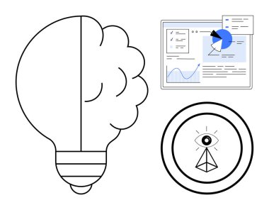 Beyin ve ampul füzyonu fikirleri, grafiklerle analitik arayüzü ve görme merkezini sembolize eder. Yenilik, içgörü, strateji, yaratıcılık, teknoloji, veri indirme sayfası için ideal