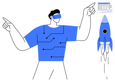 Sanal gerçeklik kulaklığı takan adam roket fırlatmayı yönetirken teknolojik arayüzle etkileşime geçiyor. Yenilik, teknoloji, VR, uzay keşfi, girişim ve gelecek kavramları için ideal