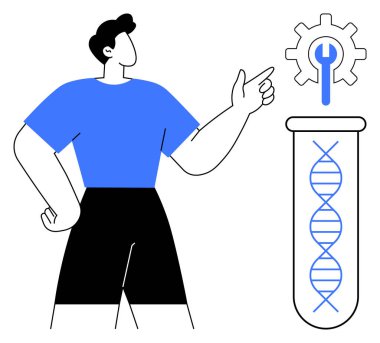 Yenilik ve teknolojiyi sembolize eden bir dişlinin yanında DNA iplikleri içeren bir test tüpünde el kol hareketi yapan kişi. Bilim, biyoteknoloji, araştırma, deney, yenilik, takım çalışması için ideal
