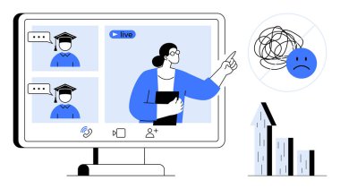 Öğretmen mezuniyet şapkalı öğrencilere online ders veriyor, kavramları anlatıyor. Üzgün yüz ikonu, birbirine dolanmış çizgiler ve yakınlardaki büyüme çizelgesi. Eğitim, uzaklık öğrenimi ve iletişim için ideal