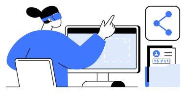 VR kulaklık takan kadın bilgisayar, veri ekranı, dosya klasörü ve paylaşım konseptiyle etkileşime geçiyor. Teknoloji, yenilik, sanal etkileşim, uzaktan çalışma, dijital araçlar veri analizi için ideal