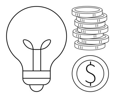 Fikirleri simgeleyen ampul, madeni para yığınları ve finansal büyüme için dolar işareti. Yenilik, girişimcilik, yatırım, ekonomi, girişimcilik, yaratıcılık finansmanı için idealdir. Basit düz metafor