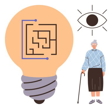 Yaşlı figür, çember temalı labirent içeren ampulün yanındaki bastonla ayakta duruyor. Yukarıda, dikkatli bir göz tetikte olmayı sembolize eder. Problem çözme, yenilik, yaşlanma, bilgelik, teknoloji, rehberlik için ideal