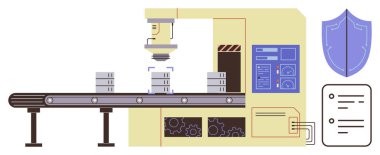 Taşıyıcı sistem, eşyaları kalkan ve kontrol listesi olan bir robot teftiş ünitesine taşıyor. Üretim, kalite kontrol, güvenlik, üretim, endüstri, teknoloji ve yenilik için ideal. Basit.