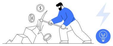 Kazmayla taş kıran biri, bozuk paralar dolar, pound, euro uçuyor, enerji sürgüsü, ampul ikonu. Para birimi, kripto para birimi, yatırım sıkı çalışma enerji kullanımı için idealdir.