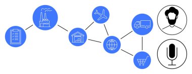 Fabrika, uçak, depo, kamyon, alışveriş arabası, pano, dünya, kullanıcı ikonu mikrofonu birbirine bağlı. Lojistik ticaret iletişimi için ideal ağ endüstrisi teknolojisi basit