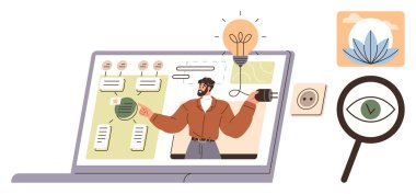 Adam dizüstü bilgisayarında akış çizelgeleri, ampul, priz, büyüteç ve nilüfer ile fikirler sunuyor. Yenilik, yaratıcılık, eğitim çevrimiçi öğrenme sürdürülebilirlik odaklı büyüme için ideal