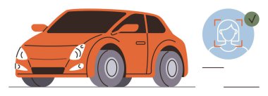 Küçük turuncu araba, güvenlik ve kullanıcı doğrulaması için yüz tanıma teknolojisiyle eşleştirildi. Akıllı araçlar, yapay zeka entegrasyonu, ulaşım, teknoloji, hareketlilik çözümleri, güvenlik için ideal