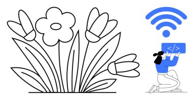 Çiçek açan çiçekler kablosuz bir sembolle birlikte büyümeyi temsil eder. Dizüstü bilgisayardaki kodlama yenilikleri ve yaratıcılığı yansıtıyor. Teknoloji, çevre, kodlama, öğrenme, dijital büyüme için ideal