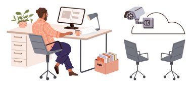Bilgisayarla ve belgelerle çalışan bir çalışan, bulut bağlantılı CCTV kamerası, boş sandalyeler. İş yeri gizliliği, güvenlik, uzaktan izleme, uyum, veri yönetimi, etik için ideal