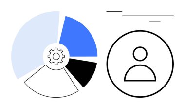 Dişli dairesel pasta grafiği, kullanıcı profili simgesi ve minimalist tasarım elemanları. Analiz, kullanıcı arayüzü, üretkenlik, işbirliği, strateji, iş akışı basit düz metaforu için ideal