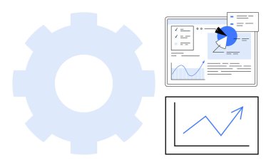 Analitik gösterge paneli, pasta grafiği ve yükselen trend çizelgesinin yanında büyük vites. İş, strateji, veri, optimizasyon, büyüme, performans araştırması için ideal