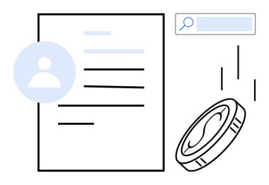 Kullanıcı profili simgesi, arama çubuğu ve dijital kimliği, mali durumu ve aramayı temsil eden düşen madeni para içeren belge. Finans, çevrimiçi hizmetler, kimlik doğrulama, bankacılık yatırımı için ideal